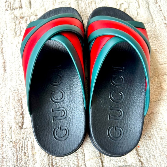 NIB Authentic Gucci Rubber Web Cross Front Slide Sandals Slippers Men 6 Women 8 - Picture 5 of 7